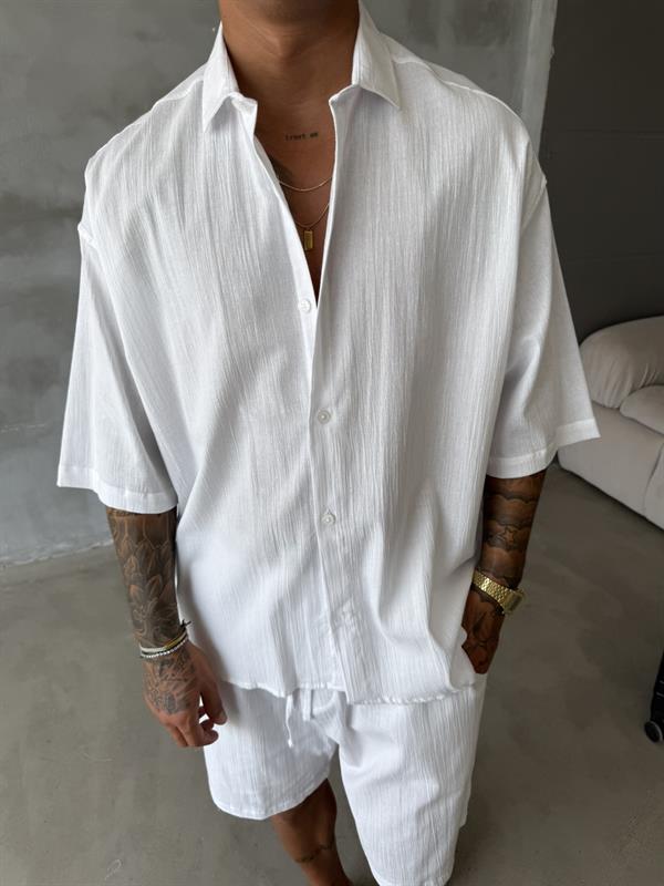 Kısa Kol Keten Gömlek - Beyaz