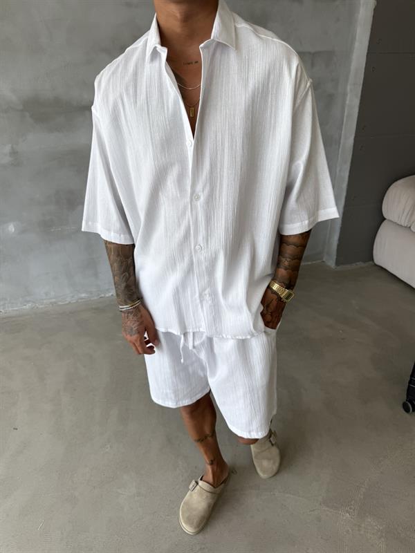Kısa Kol Keten Gömlek - Beyaz