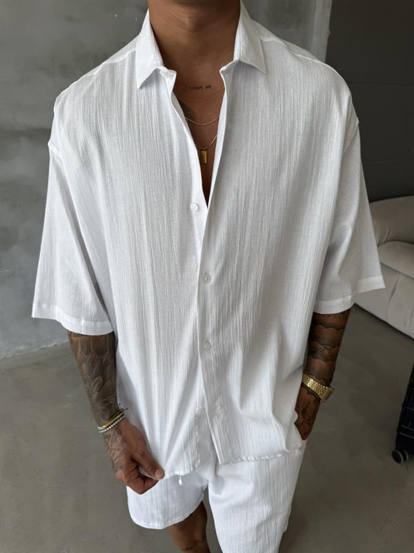 Kısa Kol Keten Gömlek - Beyaz