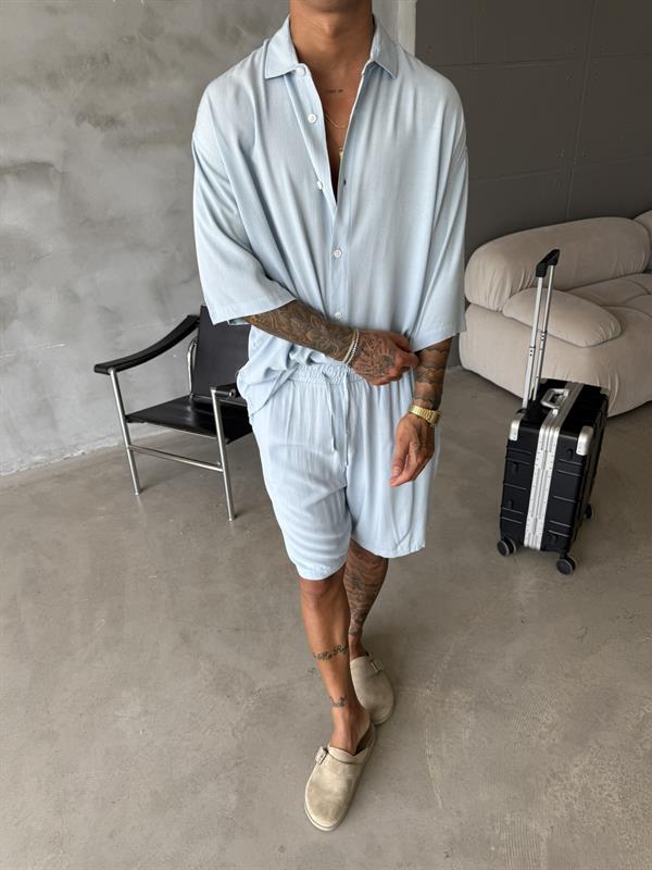 Kısa Kol Keten Gömlek - Mavi