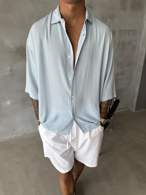 Kısa Kol Keten Gömlek - Mavi