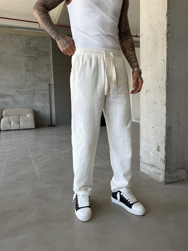 Linen Basic Baggy Pantolon - Beyaz