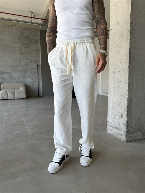 Linen Basic Baggy Pantolon - Beyaz