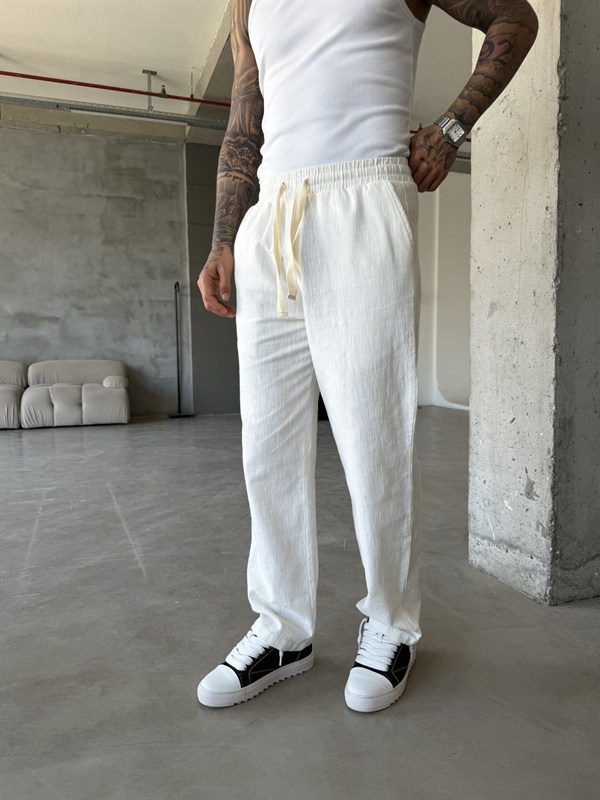Linen Basic Baggy Pantolon - Beyaz