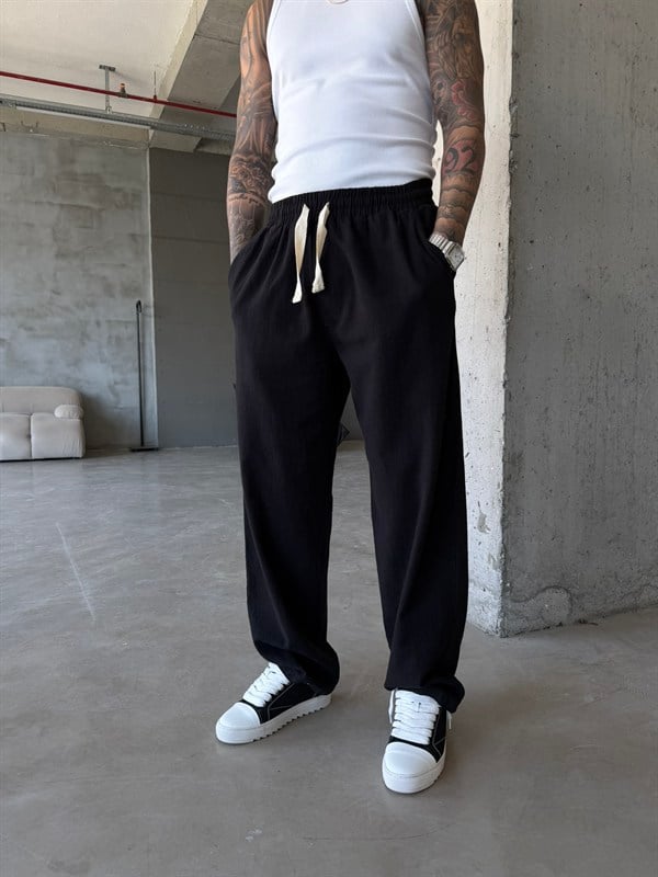 Linen Basic Baggy Pantolon - Siyah