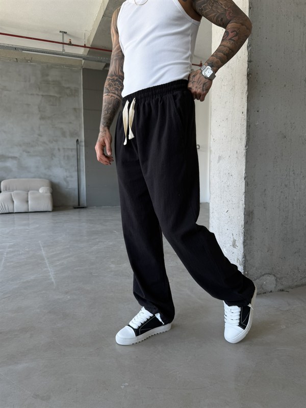 Linen Basic Baggy Pantolon - Siyah