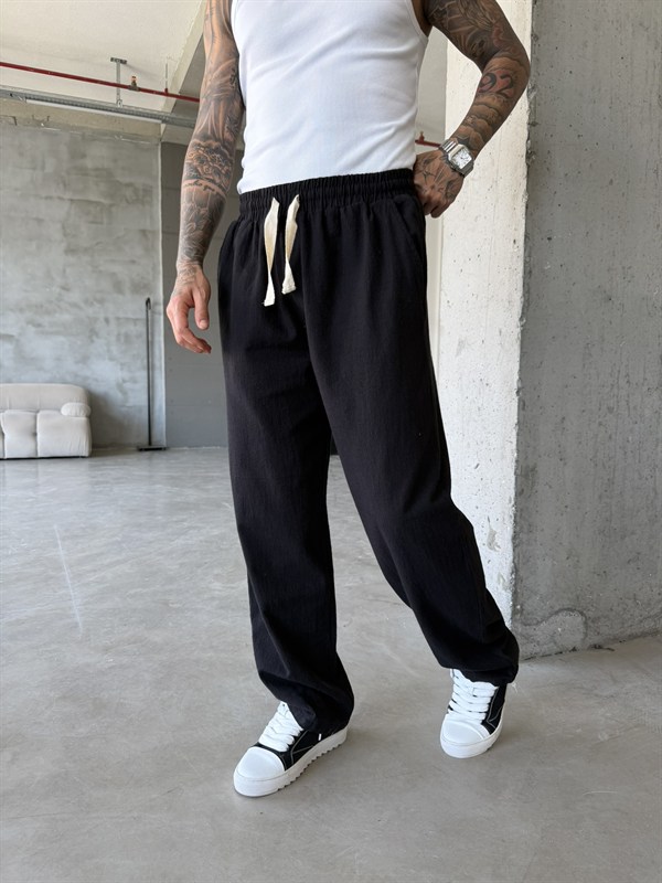 Linen Basic Baggy Pantolon - Siyah