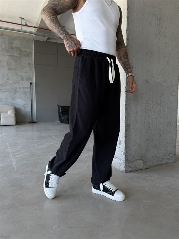 Linen Basic Baggy Pantolon - Siyah