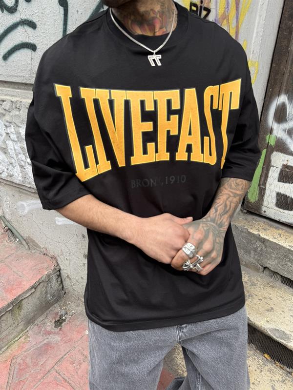 LİVEFAST Ön Baskılı Oversize T-Shirt - Siyah