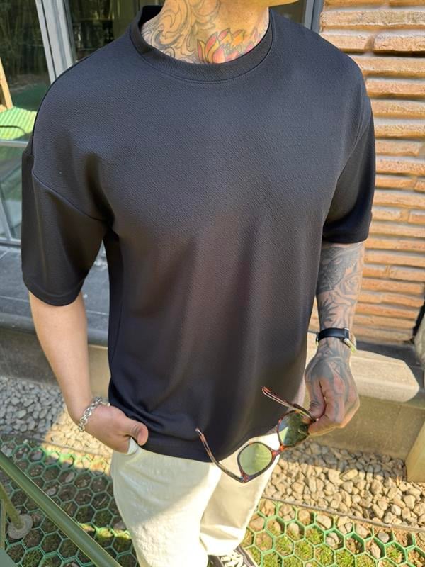 Long Fit Dokulu Basic T-Shirt - Siyah