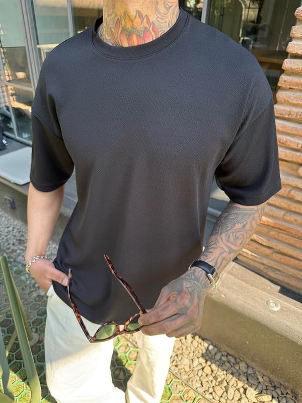 Long Fit Dokulu Basic T-Shirt - Siyah