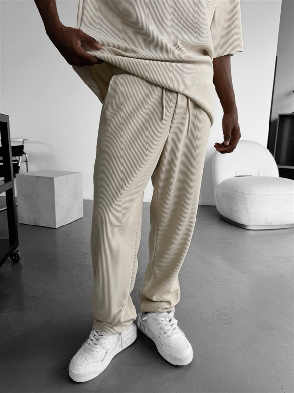 Loose Fit Ribbed Trousers - Bej