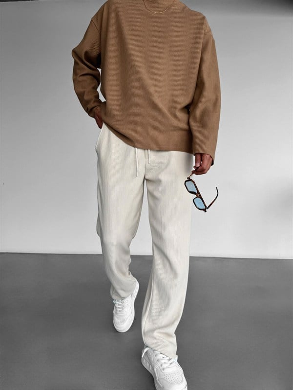 Loose Fit Ribbed Trousers - Bej