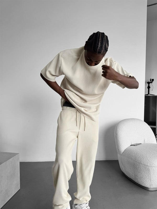 Loose Fit Ribbed Trousers - Bej