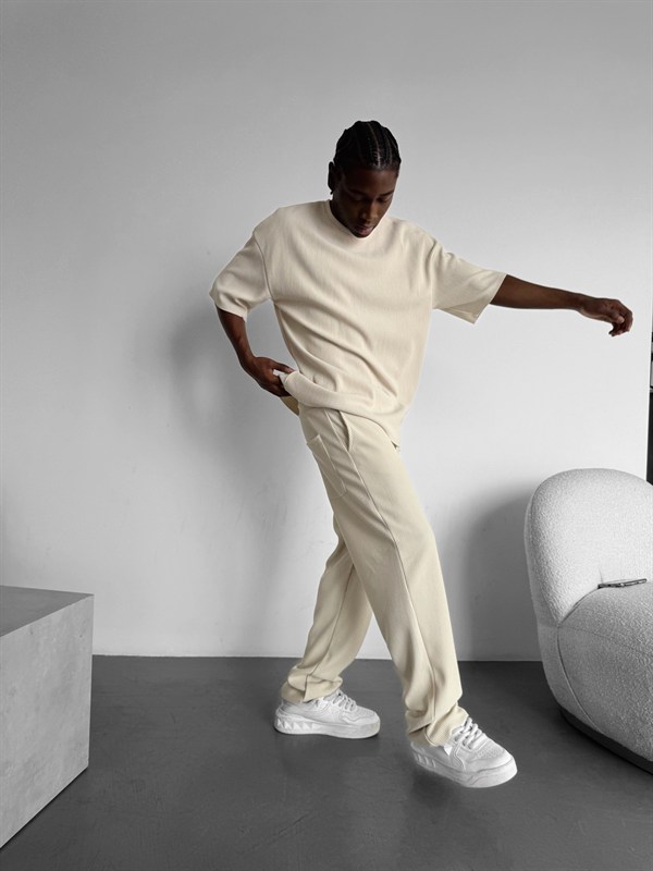 Loose Fit Ribbed Trousers - Bej