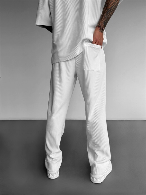 Loose Fit Ribbed Trousers - Beyaz
