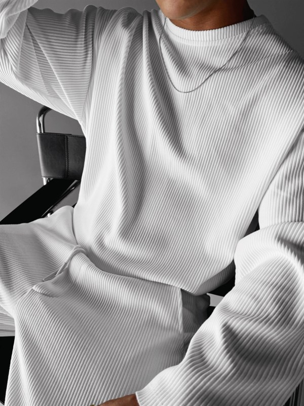 Loose Fit Ribbed Trousers - Beyaz