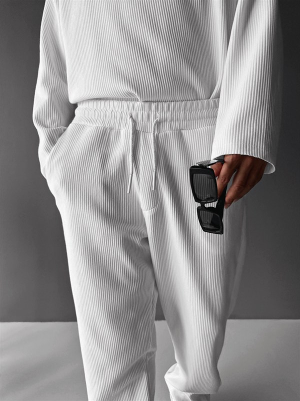 Loose Fit Ribbed Trousers - Beyaz