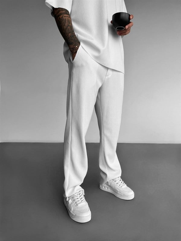 Loose Fit Ribbed Trousers - Beyaz