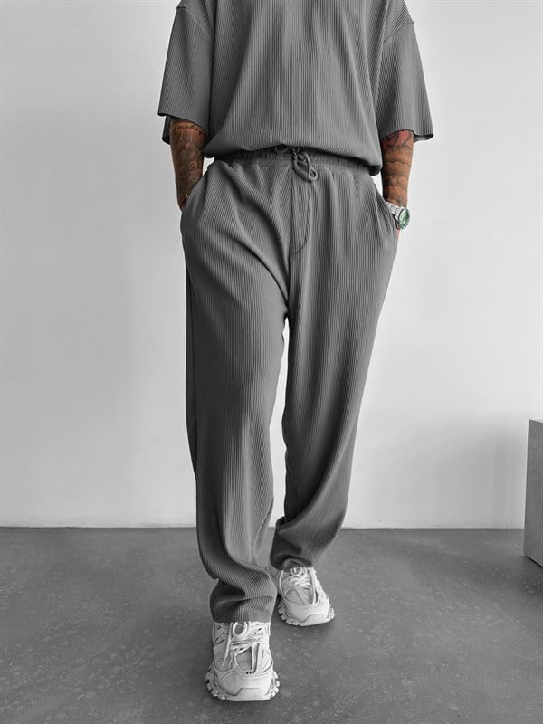 Loose Fit Ribbed Trousers - Gri