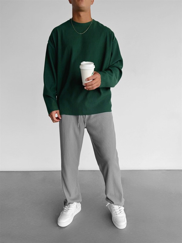 Loose Fit Ribbed Trousers - Gri
