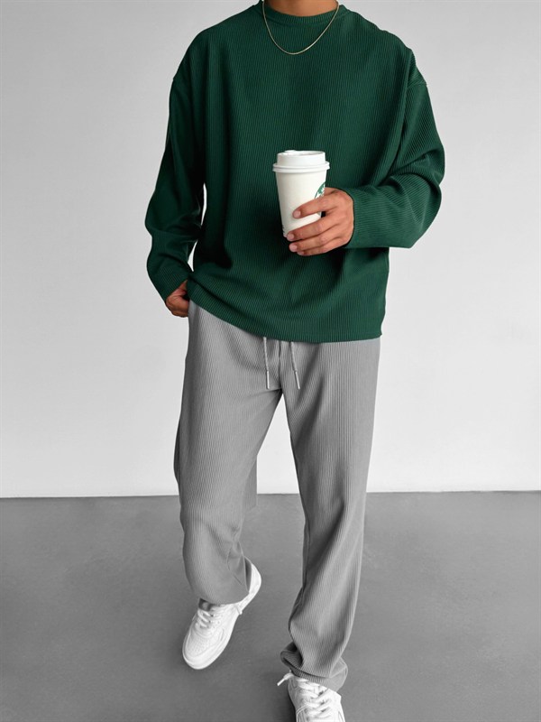 Loose Fit Ribbed Trousers - Gri