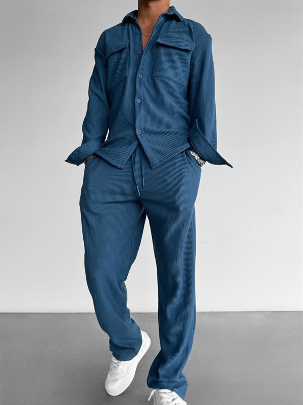 Loose Fit Ribbed Trousers - İndigo