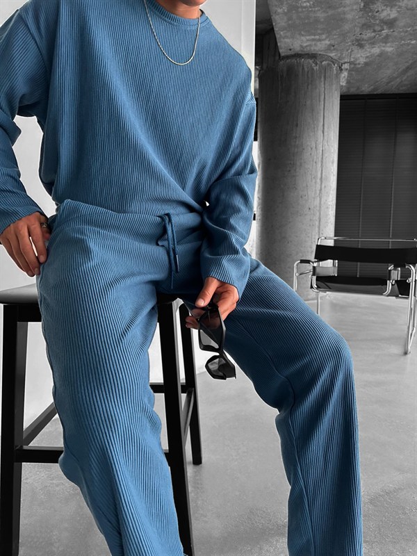 Loose Fit Ribbed Trousers - İndigo