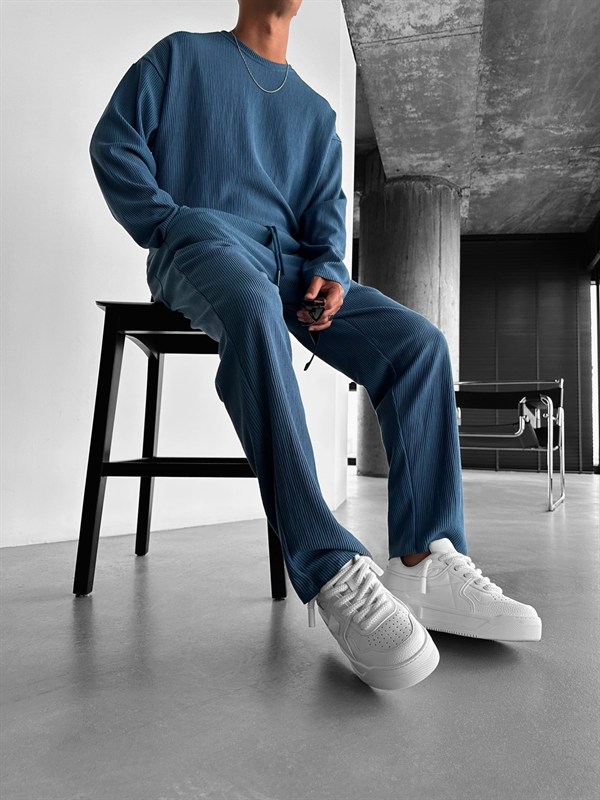 Loose Fit Ribbed Trousers - İndigo
