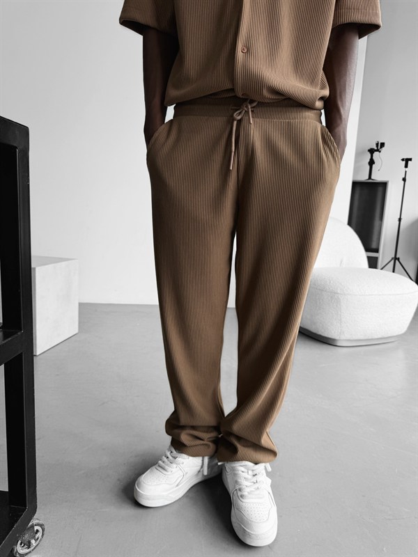 Loose Fit Ribbed Trousers - Kahve