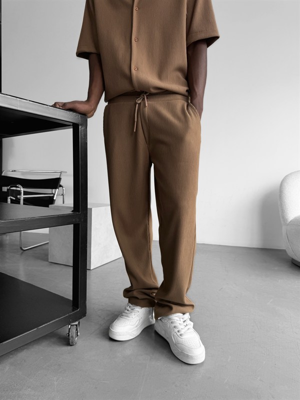 Loose Fit Ribbed Trousers - Kahve