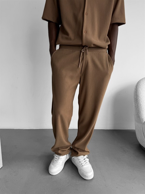 Loose Fit Ribbed Trousers - Kahve