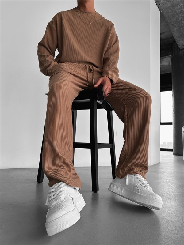 Loose Fit Ribbed Trousers - Kahve