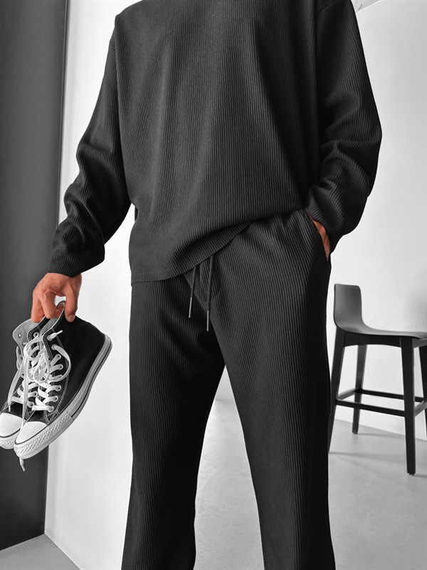 Loose Fit Ribbed Trousers - Siyah