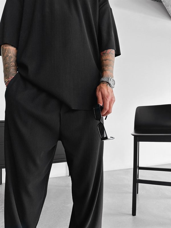 Loose Fit Ribbed Trousers - Siyah