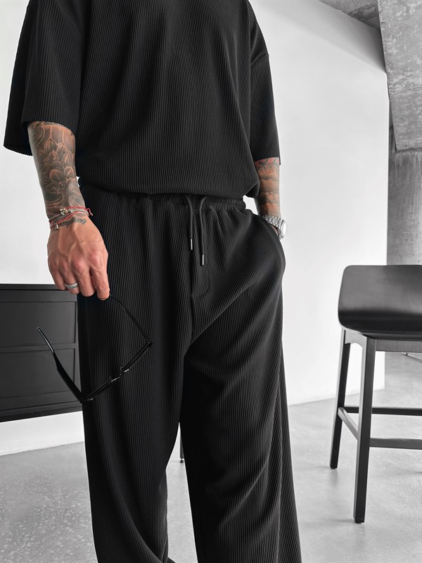 Loose Fit Ribbed Trousers - Siyah