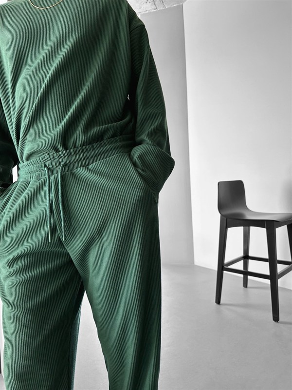 Loose Fit Ribbed Trousers - Yeşil