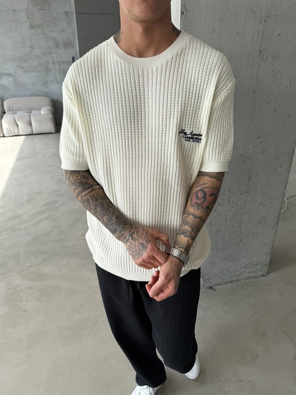 Los Angels Triko Nakışlı T-Shirt - Ekru