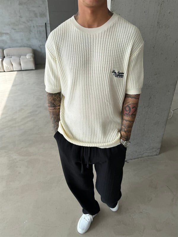 Los Angels Triko Nakışlı T-Shirt - Ekru