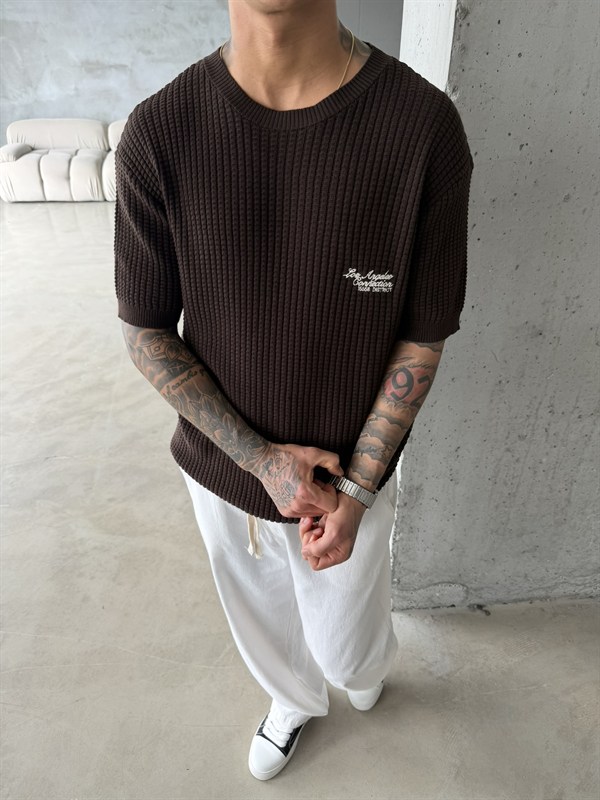 Los Angels Triko Nakışlı T-Shirt - Kahve