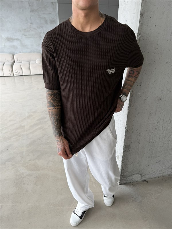 Los Angels Triko Nakışlı T-Shirt - Kahve