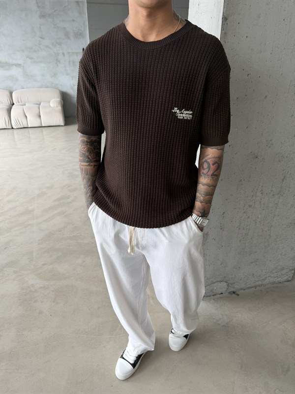 Los Angels Triko Nakışlı T-Shirt - Kahve