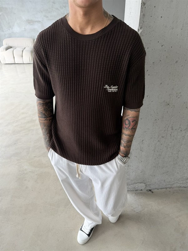 Los Angels Triko Nakışlı T-Shirt - Kahve