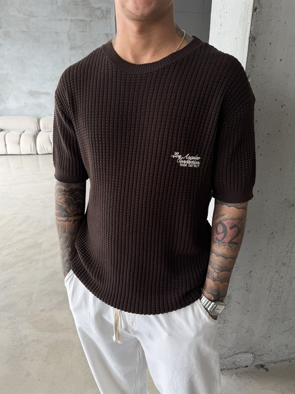 Los Angels Triko Nakışlı T-Shirt - Kahve