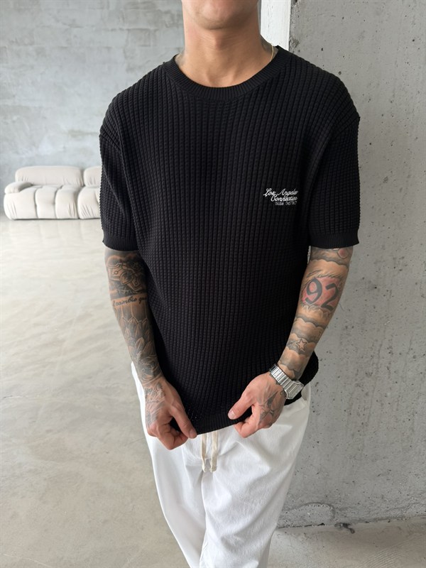 Los Angels Triko Nakışlı T-Shirt - Siyah