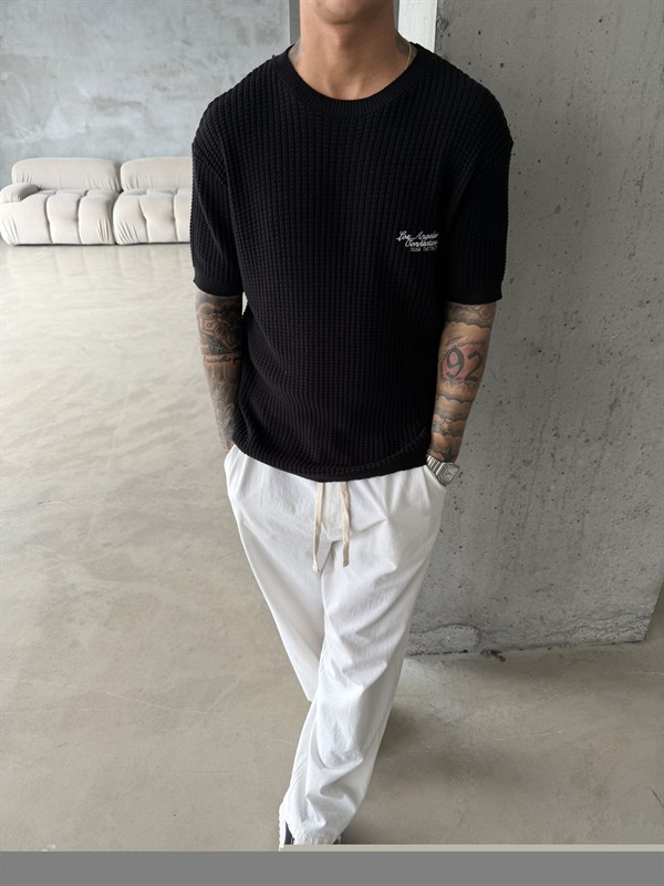 Los Angels Triko Nakışlı T-Shirt - Siyah