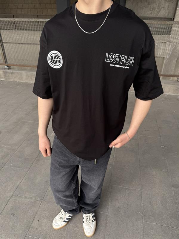 Lost Plan World Baskılı Oversize T-Shirt - Siyah
