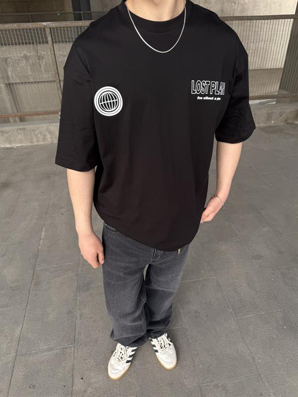 Lost Plan World Baskılı Oversize T-Shirt - Siyah