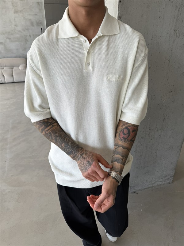 Nakışlı Dokulu Örme Polo T-Shirt - Beyaz