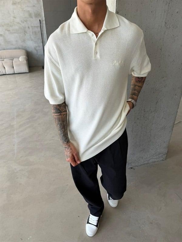 Nakışlı Dokulu Örme Polo T-Shirt - Beyaz